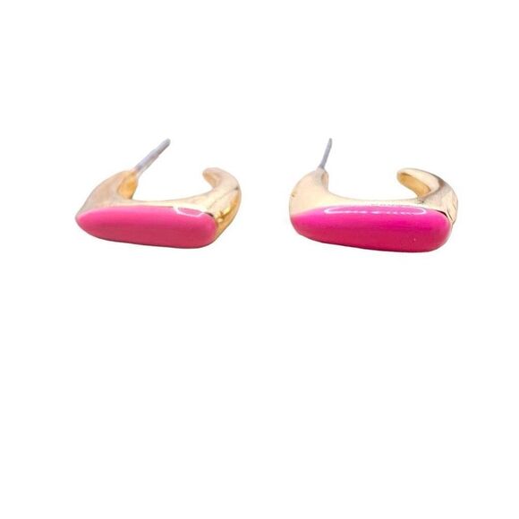 Gold tone and hot pink enamel huggie post earrings - Picture 1 of 8